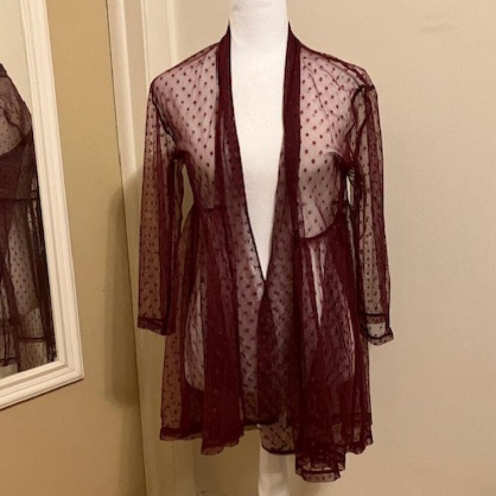 Wine Red Sheer Swiss Dot Kimono Coverup